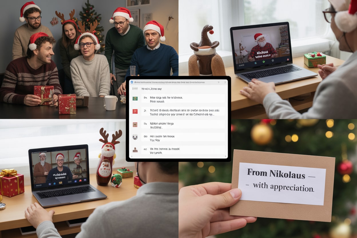 Virtuelle Nikolausfeier im Unternehmen – Remote-Ideen als Collage Collage mit Szenen einer virtuellen Nikolausfeier: Videocall, Geschenkeversand, Online-Quiz und Nikolausbotschaft