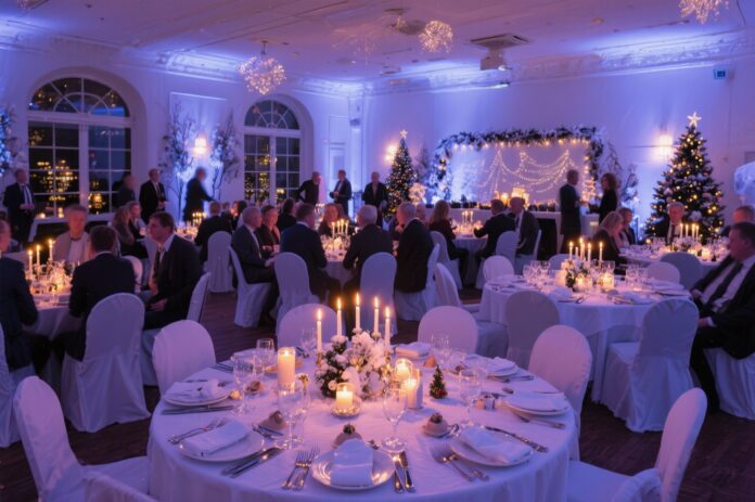 Festlich dekorierte Eventlocation in NRW für Weihnachtsfeier Weihnachtsfeier in NRW: festlich geschmückte Eventlocation mit gedeckten Tischen und Lichterketten