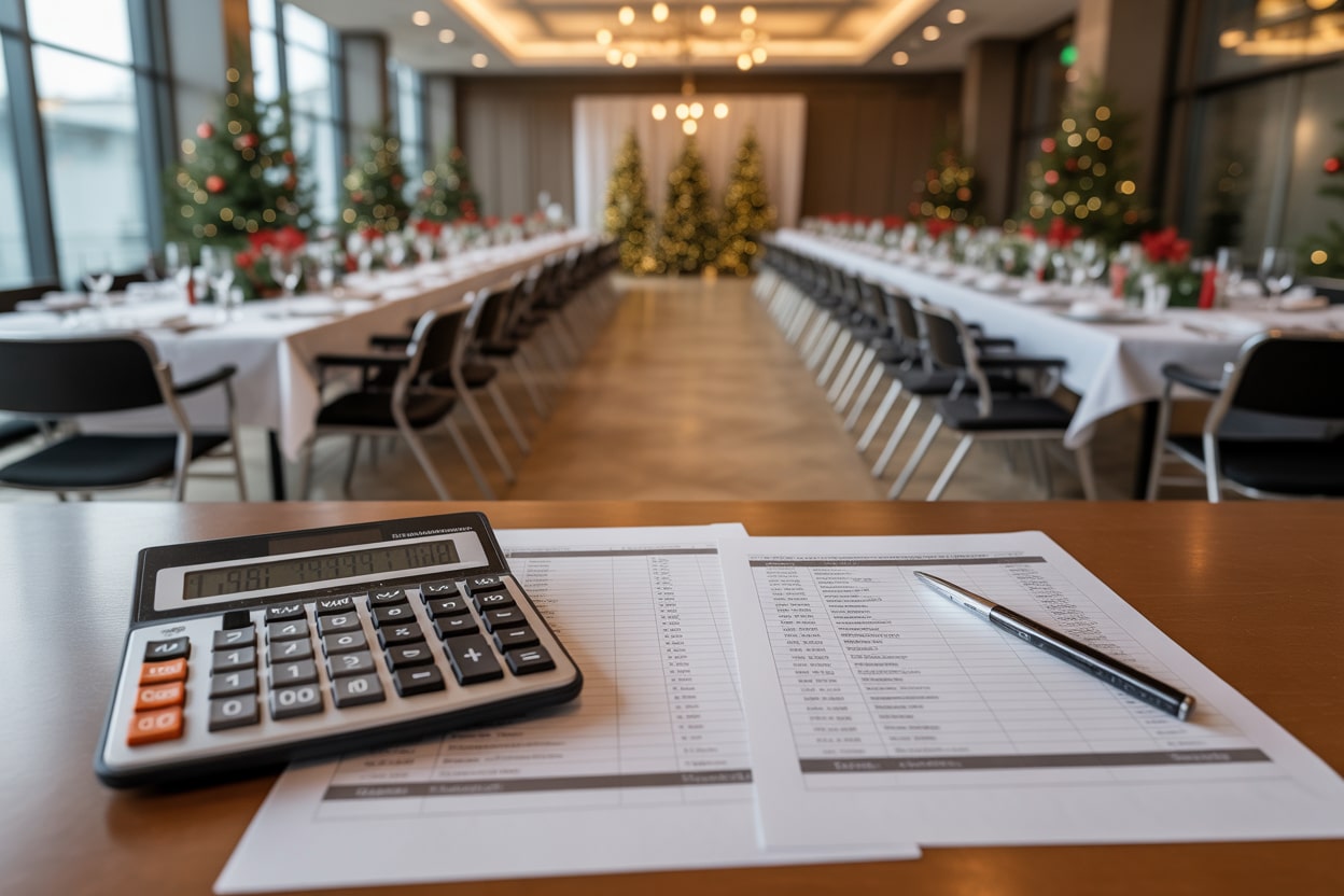 Kostenplanung Weihnachtsfeier NRW Kostenfaktoren einer Firmen-Weihnachtsfeier in NRW mit festlich dekorierter Eventlocation und Budgetplanung