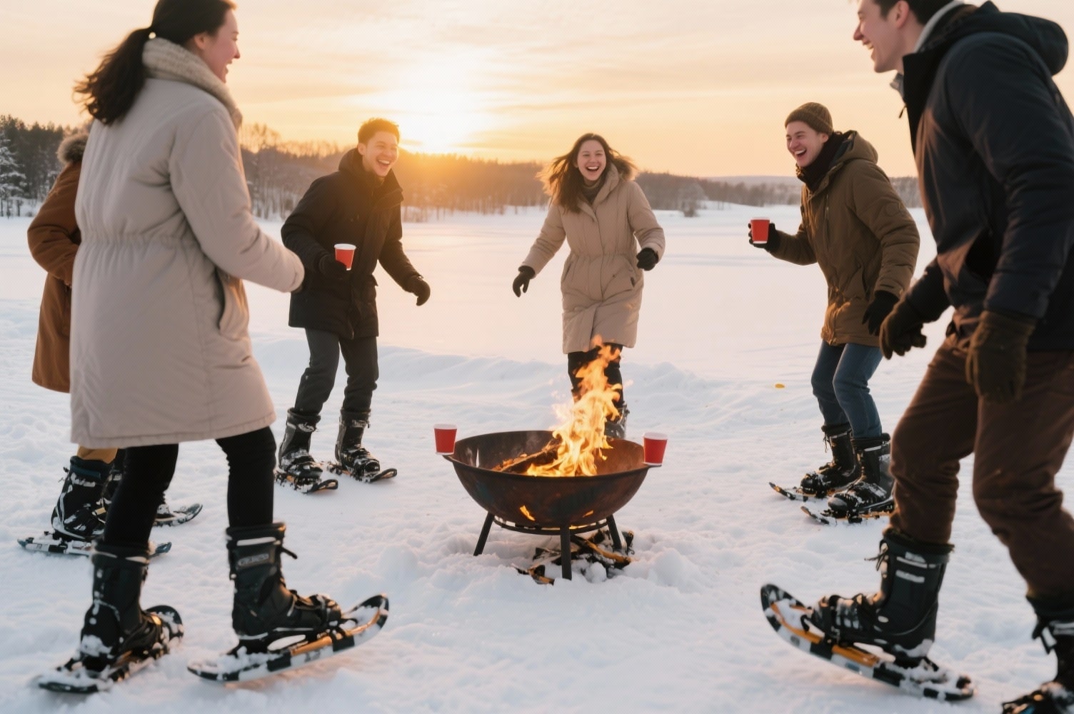 Winterliches Teambuilding im Freien Mitarbeitende nehmen an einem winterlichen Outdoor-Teamevent mit Schneeschuhwanderung, Biathlon und Feuerschalen teil